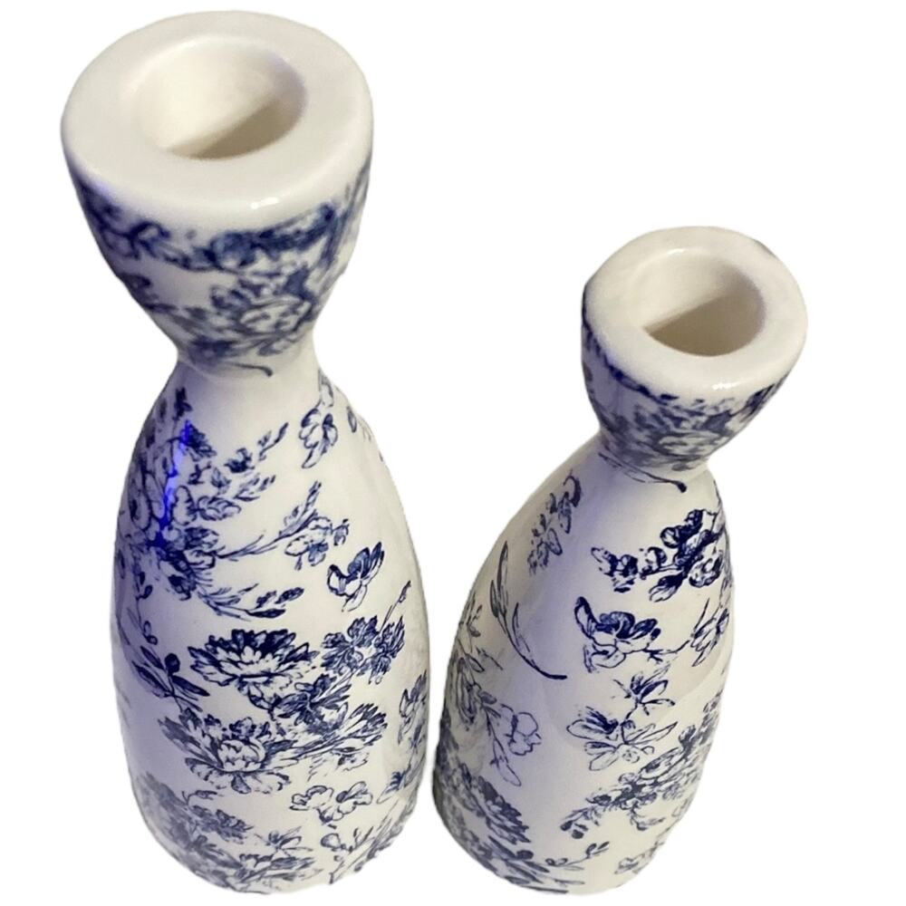 Blue & White Chinoiserie Ceramic Candle Holder Set of 2 - Picture 3 of 3